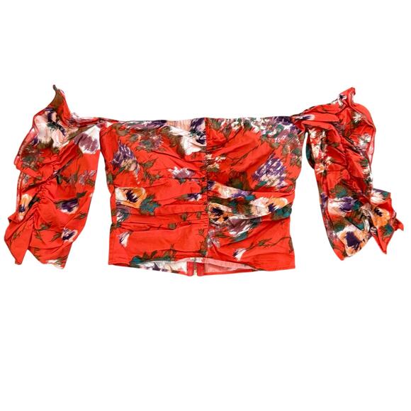 H&M Red Off-Shoulder Floral Puff Sleeve Top Romantic Y2K Blouse Size Small (4) - Picture 2 of 10